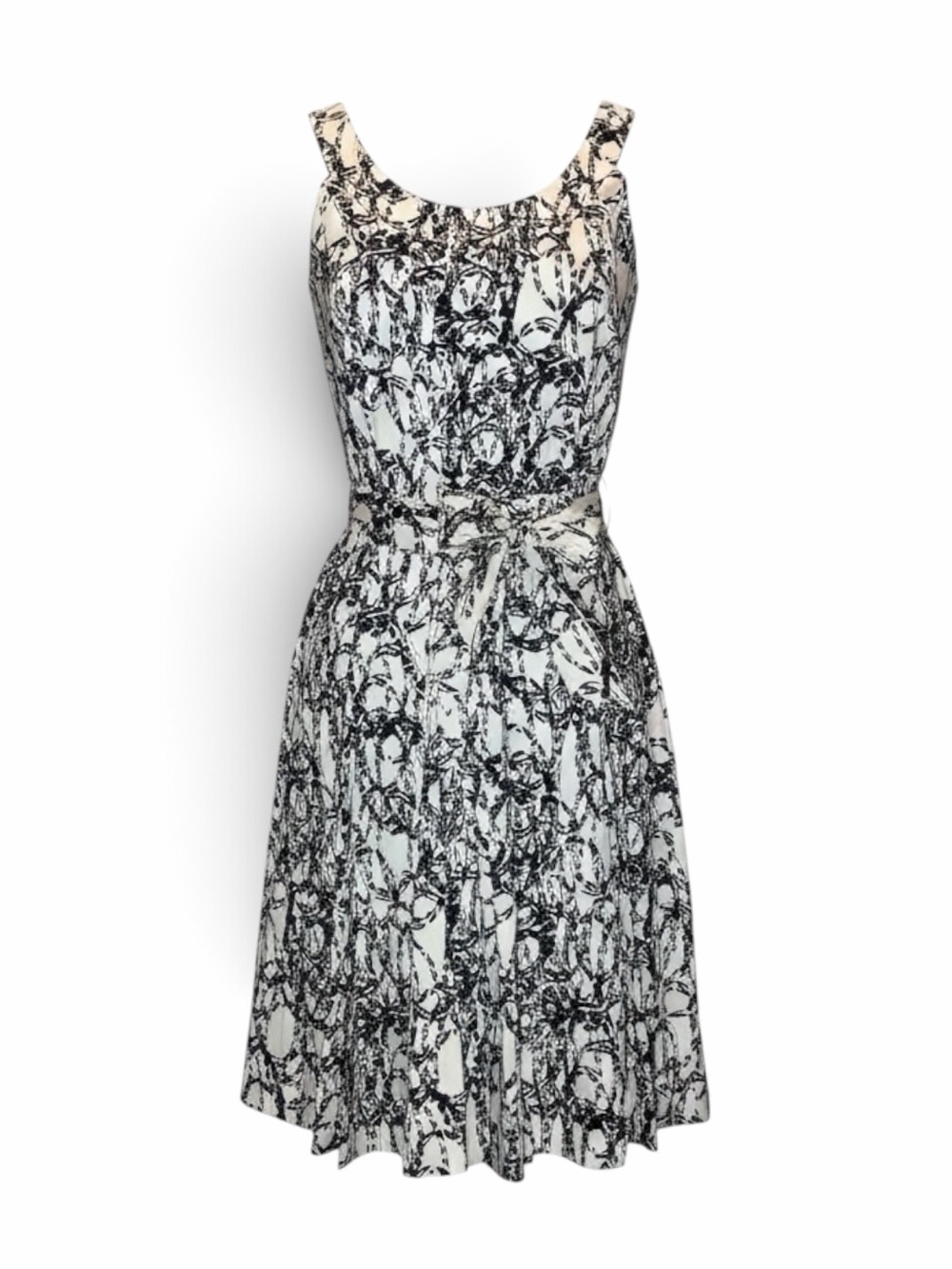 Calvin Klein Black White Abstract Print Cotton Fit & Flare Belted Midi Dress